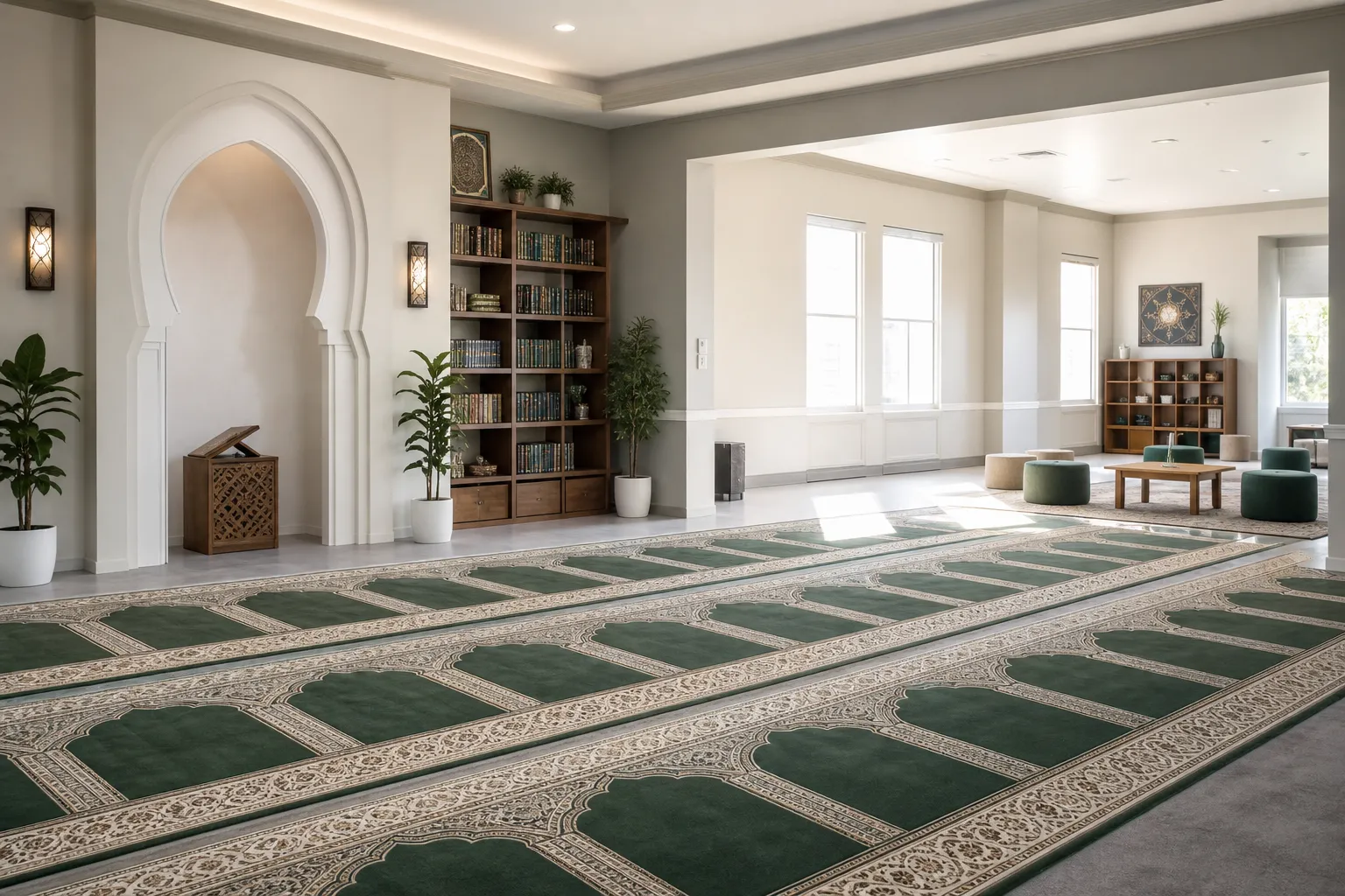 Bright interior prayer and learning space with green prayer rugs and bookshelves.