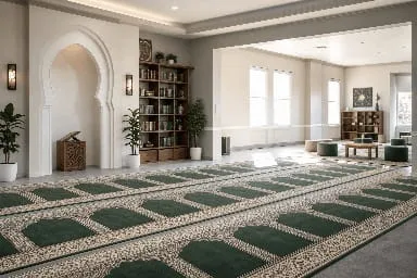 Bright interior prayer and learning space with green prayer rugs and bookshelves.