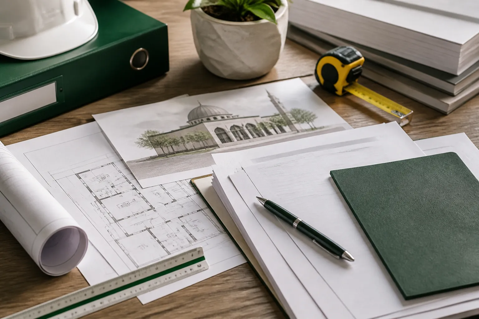 Architectural planning materials and a green project folder arranged on a desk.